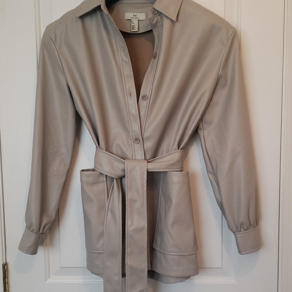 H Halston Veagan Leather Grayish Beige Women's Belted Jacket